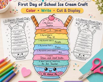 May include: A printable ice cream craft activity titled A Scoop About Me featuring a multi-colored sundae template with numbered lines for personal information, two black and white worksheets, colored pencils, pink scissors, and a small heart shape.