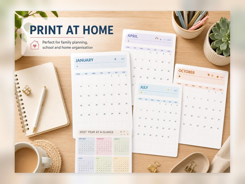 May include: A set of printable calendar pages featuring January, April, July, and October, along with a 2027 year-at-a-glance sheet. The pages display grid layouts with headers, dates, and small icons. The text PRINT AT HOME is clearly visible.