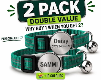 2-Pack Breakaway Cat Collar, Personalized & Reflective. Custom Engraved ID Tag with Name, Phone. Quick Release Buckle. Adjustable.