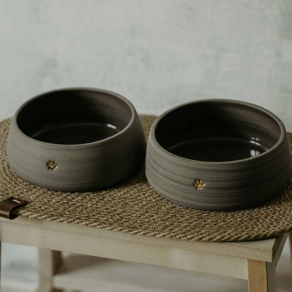 Ceramic dog bowls set with Jute pet rug. Modern pet bowls with dog food mat. Dog bowls jute placemat. Stoneware Food or water bowl.