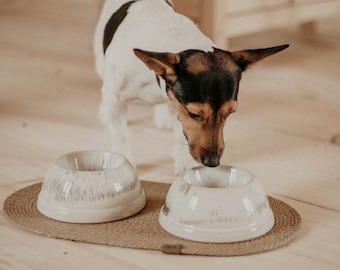 Ceramic dog bowls set with Jute pet rug. Modern pet bowls with dog food mat. Dog bowls jute placemat. Stoneware Food or water bowl.