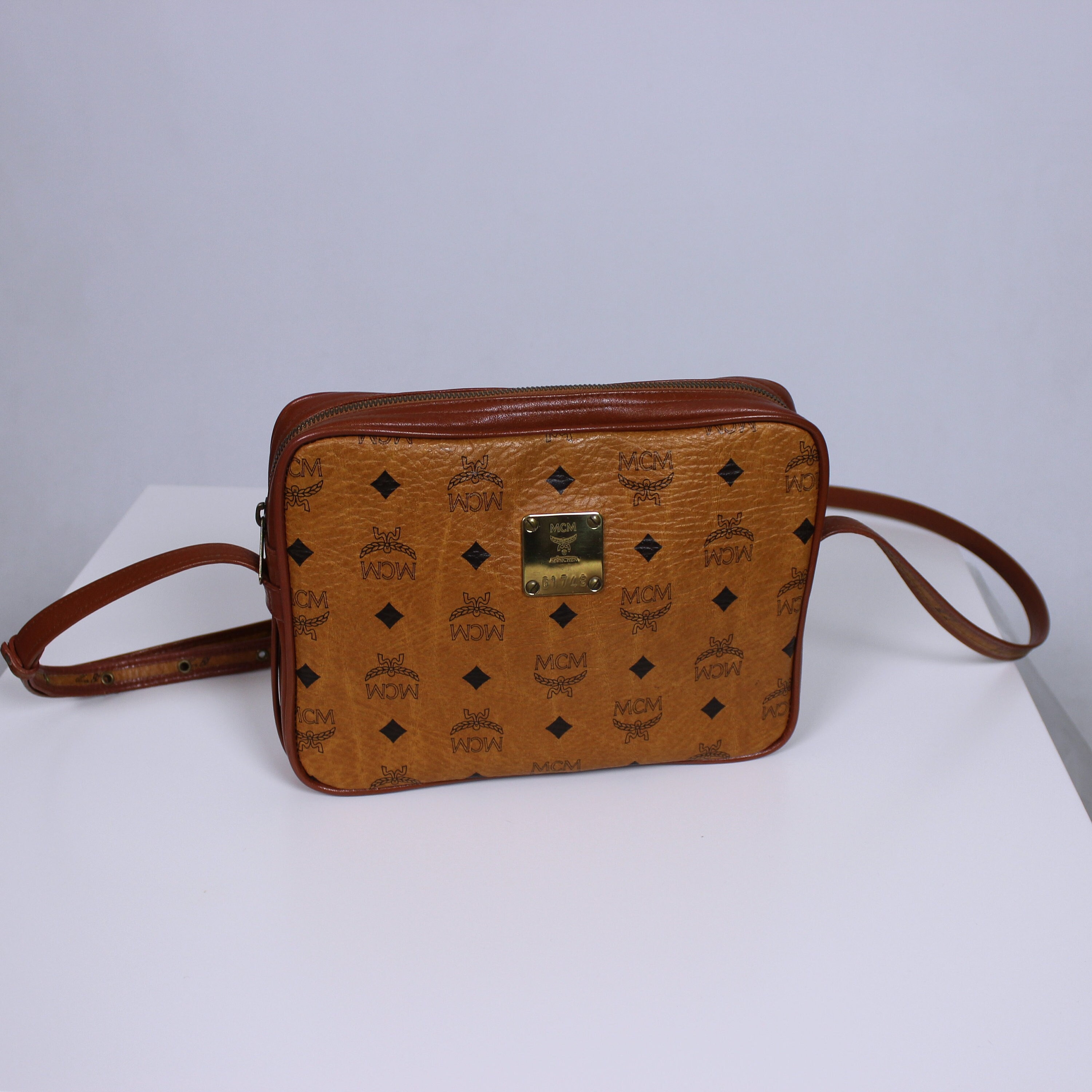 MCM Visetos Leather 2 Way Mini Boston Shoulder Hand Bag Brown With Strap  Used