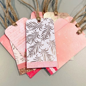 Etiquetas de regalo de oro rosa y rosa adornadas, conjunto de 10 etiquetas de regalo de cumpleaños rosa, etiquetas de regalo de oro rosa, ideas de envoltura de regalo rosa