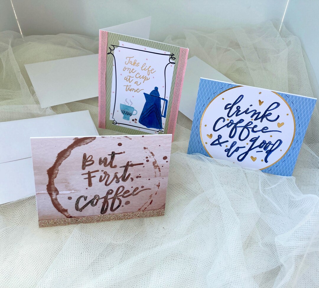 Coffee Message Card Coffee Cards, Set of 3 Coffee Themed Greeting Cards, but First Coffee ...