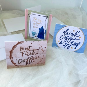 Karty kawowe, zestaw 3 kart okolicznościowych o tematyce kawy, ale najpierw kawa, karty herbaciane, pakiet pielęgnacyjny kawy, wszystko jest lepsze z kawą