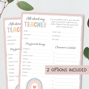 Todo sobre mi maestro imprimible, Encuesta para maestros de regreso a clases, Cuestionario para maestros, Carta para maestros de regreso a clases, Ideas de regalos para maestros