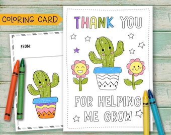 Thank you for helping me grow card, Teacher Thank you Card Printable, Thank You Coloring card, End of year teacher card printable