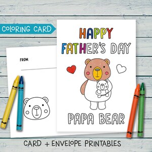 Carte papa ours, carte à colorier fête des pères pour les enfants, carte et enveloppe imprimables fête des pères, numérique fête des pères heureuse, carte fête des pères bricolage