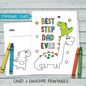 Meilleur beau-père de tous les temps carte, carte dinosaure, carte à colorier fête des pères pour enfants, carte imprimable fête des pères et enveloppe, carte fête des pères bricolage