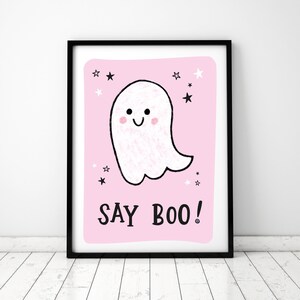 Say boo and scary on, pink halloween decor, pink ghost print, girly halloween decor, halloween party decorations pink, cute decor