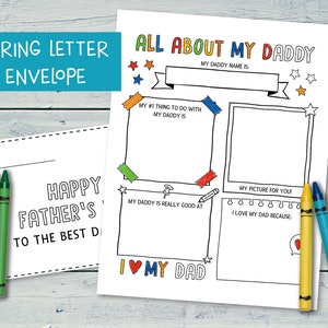 Todo sobre mi papá, Tarjeta imprimible del día del padre, Tarjeta para colorear para niños, Complete el espacio en blanco para el día del padre, Página de actividades para niños, carta a papá