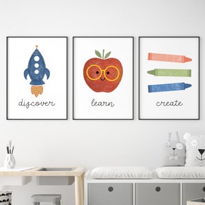Cartel ilustrado para el aula, Crear arte de pared, conjunto de 3 impresiones, carteles de aula de primaria, imprimibles de educación en el hogar, arte de pared para niños
