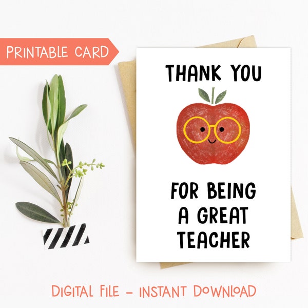 Thank you for being a great teacher, Printable teacher thank you card, Teacher appreciation gift from class, End of year teacher card