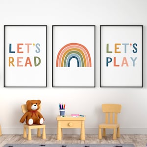 Lets read lets play printable, Playroom wall decor, Set of 3 prints, Rainbow wall art for nursery, Gender neutral room decor, Homeschool