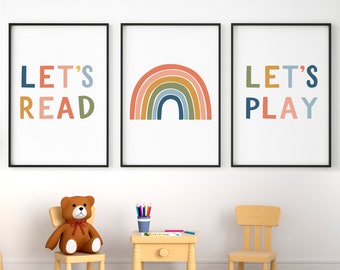 Lets read lets play printable, Playroom wall decor, Set of 3 prints, Rainbow wall art for nursery, Gender neutral room decor, Homeschool