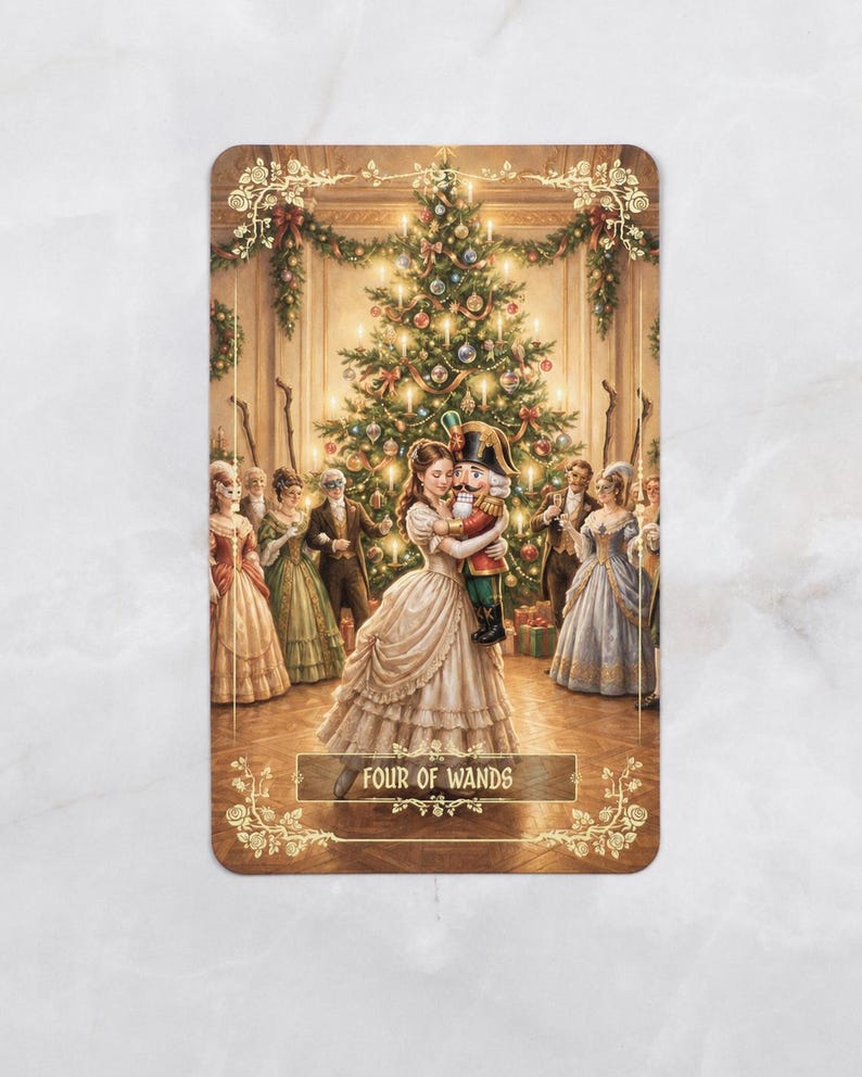 Pu&ograve; includere: Illustrazione di carta dei tarocchi con una donna in abito color crema che abbraccia uno schiaccianoci. Lo sfondo mostra un albero di Natale decorato e persone in abiti d'epoca. La carta recita "FOUR OF WANDS".