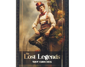 May include: The Lost Legends Tarot Cards Deck box features a vintage illustration of a man in a red top hat and a white shirt with a red vest. The box is black with gold lettering and a decorative border.
