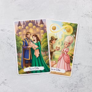 May include: Two tarot cards featuring illustrations. One shows a royal couple with a baby, labeled "Ten of Coins." The other depicts a man offering coins to a woman, labeled "Two of Coins." The cards have a fantasy theme with vibrant colors.