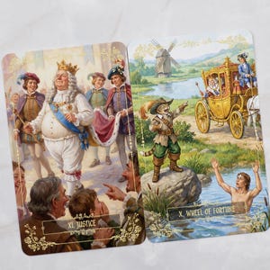 Pu&ograve; includere: Due carte dei tarocchi con illustrazioni dettagliate. Una carta mostra un re incoronato, circondato da persone, con il testo "XI. JUSTICE". L'altra raffigura una figura felina che indica una carrozza, con il testo "X. WHEEL OF FORTUNE."