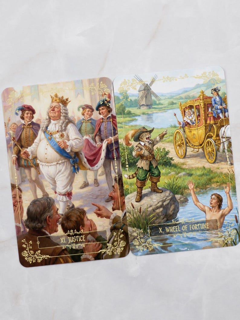Pu&ograve; includere: Due carte dei tarocchi con illustrazioni dettagliate. Una carta mostra un re incoronato, circondato da persone, con il testo "XI. JUSTICE". L'altra raffigura una figura felina che indica una carrozza, con il testo "X. WHEEL OF FORTUNE."