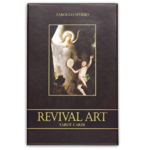May include: A tarot card deck with a dark brown cover. The cover displays a framed image of an angel and a cherub. The text "Tarocco Studio" is at the top, and "Revival Art Tarot Cards" is at the bottom in gold lettering. The deck is titled "Revival Art".