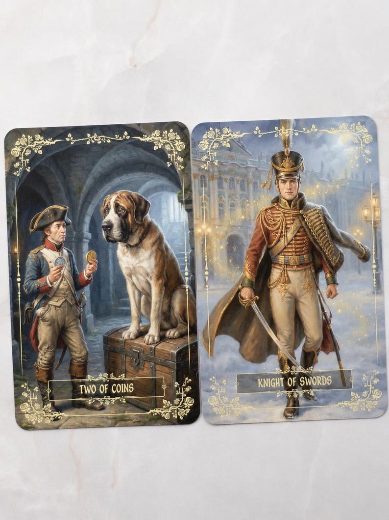 Pu&ograve; includere: Due carte dei tarocchi con illustrazioni dettagliate. Una carta mostra un uomo in abiti storici con un cane, etichettata come "TWO OF COINS". L'altra carta raffigura un soldato con una spada, etichettata come "KNIGHT OF SWORDS". Entrambe le carte hanno bordi floreali ornati.