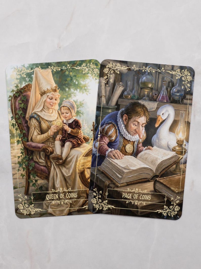 Pu&ograve; includere: Due carte dei tarocchi illustrate. Una mostra una donna e un bambino, etichettata "QUEEN OF COINS". L'altra raffigura un uomo che legge, etichettata "PAGE OF COINS". Entrambe le carte hanno bordi floreali e uno sfondo chiaro.