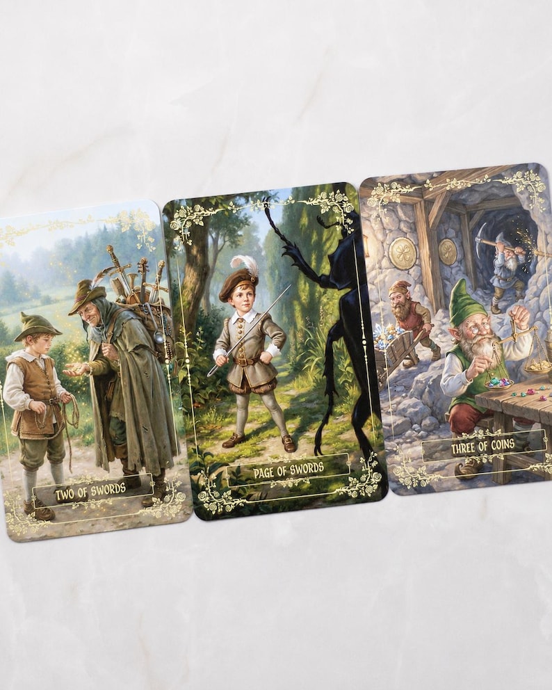 Pu&ograve; includere: Tre carte dei tarocchi con illustrazioni dettagliate. Le carte sono etichettate come "Two of Swords", "Page of Swords" e "Three of Coins". L'opera d'arte raffigura figure in un'ambientazione fantasy, tra cui un ragazzo con una spada e una scena con gnomi.