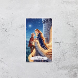 May include: A tarot card illustration depicting "VI The Lovers." A man and woman stand on a balcony under a starry night sky. The woman wears a blue dress, and her long hair cascades down. The man wears a red shirt.
