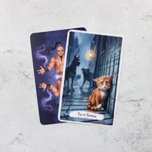 May include: Two tarot cards are displayed. One card features a genie with a red vest and purple energy. The other card shows a sad orange cat in the rain with the words "Ten of Swords". The background includes dogs and a dark alley.