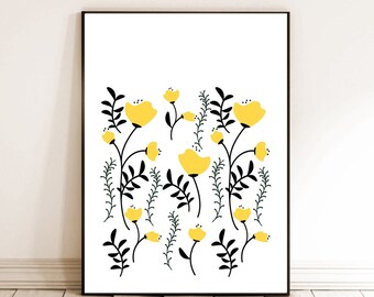 Yellow Flowers Minimalist Wall Art Prints, Fall Decor,Floral Digital Print, Botanical Printable, Room Decor, Digital Art printable, JPG,JPG
