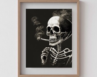 Gothic Skeleton Smoking Cigar Print - Spooky Home Decor Art for the Macabre Enthusiast Wall Art Print,