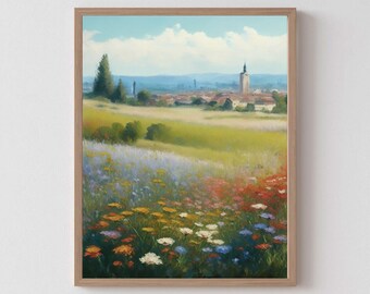 City in Bloom: Impressionist Oil Painting of a Wildflower Field with Vintage Vibes - Highly Detailed Cityscape Art Print in JPG Format"