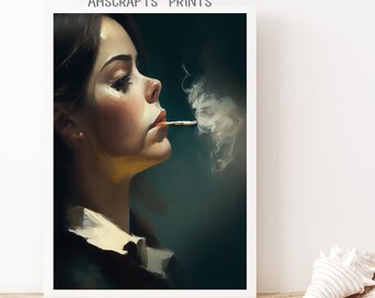 Sad Smoking Girl Printable Poster, Impressionism Portrait of a Woman with Smoking Cigarette" Impressionism Wall Art Prints, Digital Prints,