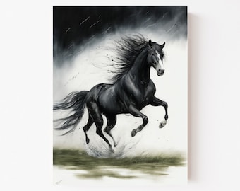 Acrylic Horse Painting - Running on Grass - Vintage Colors - Bad Weather,Digital Download,Instant Download,JPG