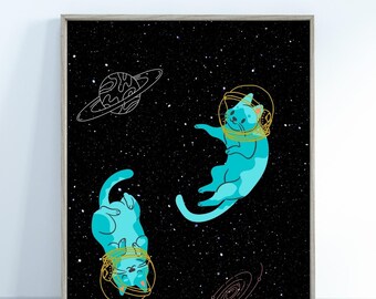 Space Cats Art Print,Wall Art,Cute Art Print,Printable Digital Download,Cat Lovers Art Print,Cats Home Decor,Digital Download,Cat Owner Art,