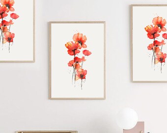 Red Poppy Flower Watercolor Printable Wall Art,Digital Printables,JPG