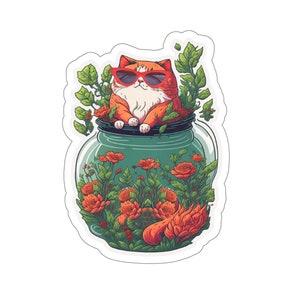 Autocollant chat dans un bocal - autocollant amoureux des chats, autocollant pour ordinateur portable - autocollant pour bouteille d'eau, autocollants mignons pour gobelets, autocollants de journal, autocollant floral,