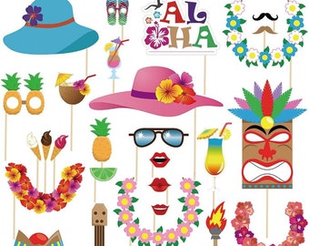 May include: A set of 20 colorful luau party photo booth props. The props include a variety of Hawaiian themed items such as leis, flowers, sunglasses, a pineapple, a coconut, a tiki mask, a guitar, a hula skirt, and a sign that says "Aloha".