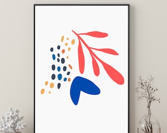 Pode incluir: Impressão de arte abstrata com um ramo vermelho e formas azuis e amarelas sobre um fundo branco.