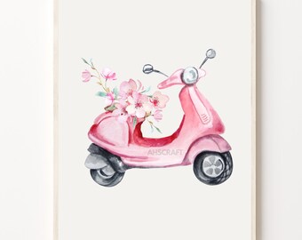 Pink Watercolor Scooter Wall Art Printable,Digital Printables,JPG