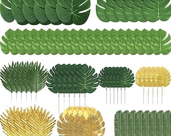72 PCS Artificial Palm Leaves, Golden Tropical Leaves,Jungle Leaves Decorations for Hawaiian Luau Party,Beach Baby Shower decor,Luau Party