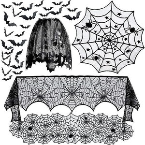 May include: Black and white Halloween decorations featuring a spiderweb tablecloth, a spiderweb table runner, a spiderweb veil, and a set of black bats.