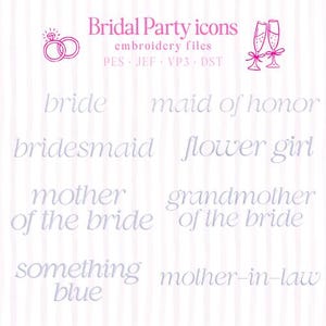 Può includere: Grafica rosa e bianca con il testo "Bridal Party icons" e "embroidery files". Include illustrazioni di fedi nuziali e calici di champagne. Il testo include "sposa", "damigella d'onore", "damigella d'onore" e "fioraia".