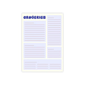 May include: A rectangular notepad with the word "GROCERIES" in blue bubble letters at the top. The notepad has a light cream background with several pale blue sections containing horizontal lines for writing.