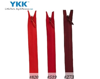 YKK Invisible zipper #3, Invisible Concealed Zip, Invisible Zipper Closed Bottom, Sewing zips for dress, Shades of Red Colour zipper