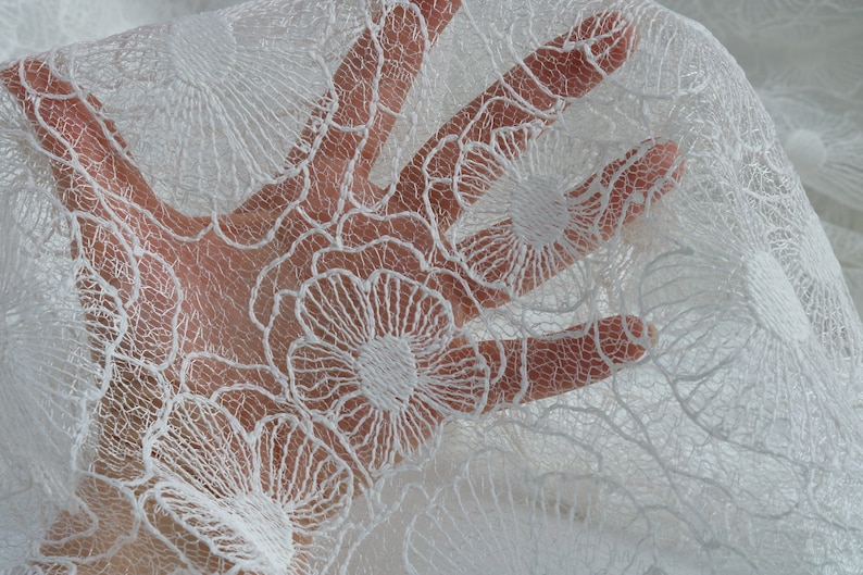 Puede incluir: Tela de encaje blanca con un delicado patr&oacute;n floral. El encaje es transparente y tiene una textura suave y fluida.