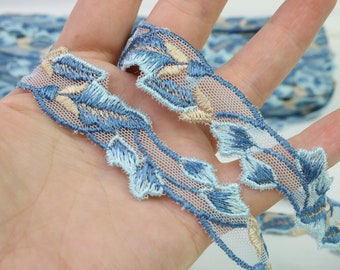 Lace Trim, Embroidered Lace trim Blue and Yellow colour, Flower trim, lace fabric trim, lace ribbon, Lace fabric, Sold by meter, 0.8" wide