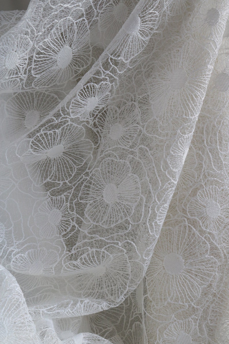 Puede incluir: Tela de encaje blanca con un delicado patr&oacute;n floral. La tela es transparente y tiene una textura suave y fluida.