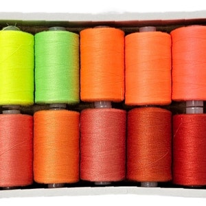 Può includere: Una scatola di 10 bobine di filo in diverse tonalità di verde, arancione e rosso. Le bobine sono disposte in fila, con le bobine verdi a sinistra, le bobine arancioni al centro e le bobine rosse a destra.